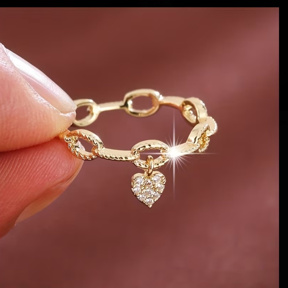Dainty Gold Band Ring with Heart Charm 3 pack